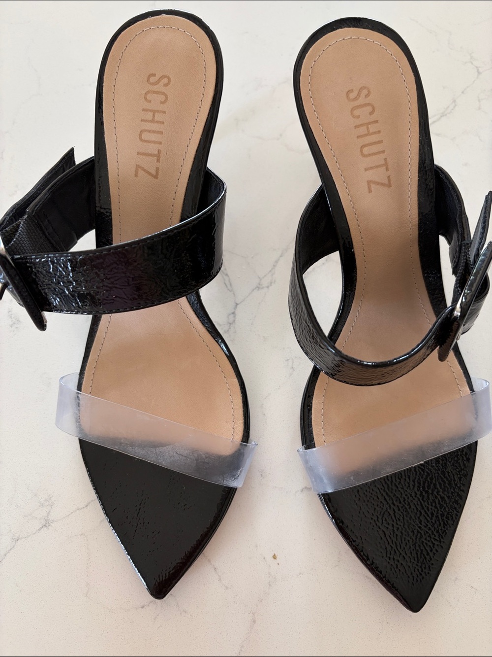 SCHUTZ Black Patent Pointed Mule with Clear Strap and Buckle
